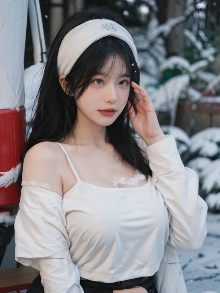 Portrait photography，1 girl，Snow Scene，Snowing background，Push-up non-slip tube top ，（whole body：1.4），Lipstick，(Big Breasts:1.4)，Headband，serene，calm，(Realistic and detailed eyes，Natural skin texture，Realistic facial details)，