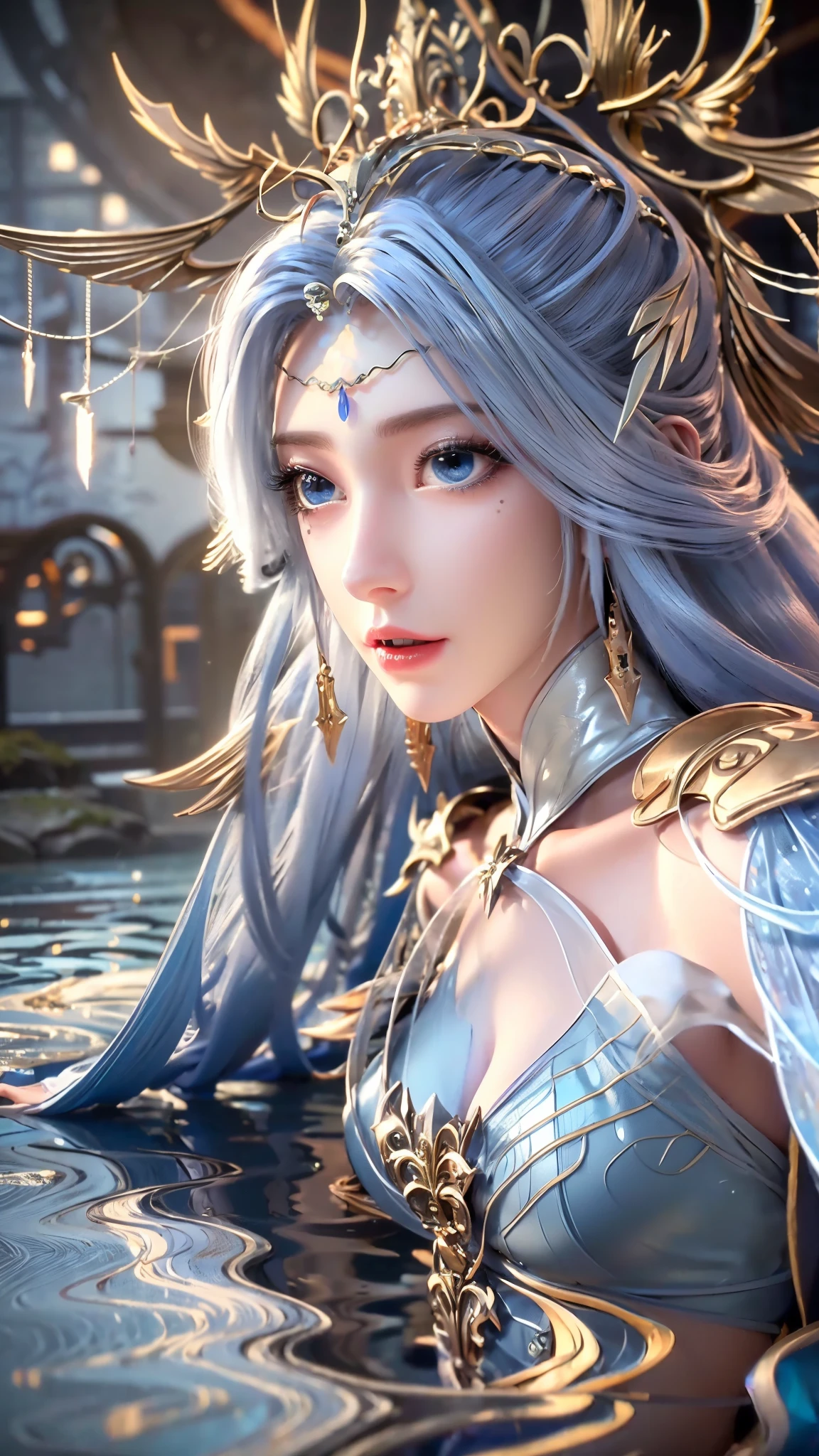 一个穿着连衣裙的女孩躺在Starry Sky下的床上，Exquisite smile，Beautiful and delicate eyes，Beautiful and delicate lips，Extremely detailed face and eyes，Long eyelashes，whole body，Flowing long hair，belly button，best quality，Excellent Works，excellent，(Reality:1.4)，RAW photos，(Pretty Face:1.2)，(Lying on the water:1.5)，1 girl，(absurd)，(8K)， (4K)，Octane Rendering，Starry Sky，((whole body view))，barefoot，Cross-legged，(((Light blue long hair)))，(((Blue Eyes)))