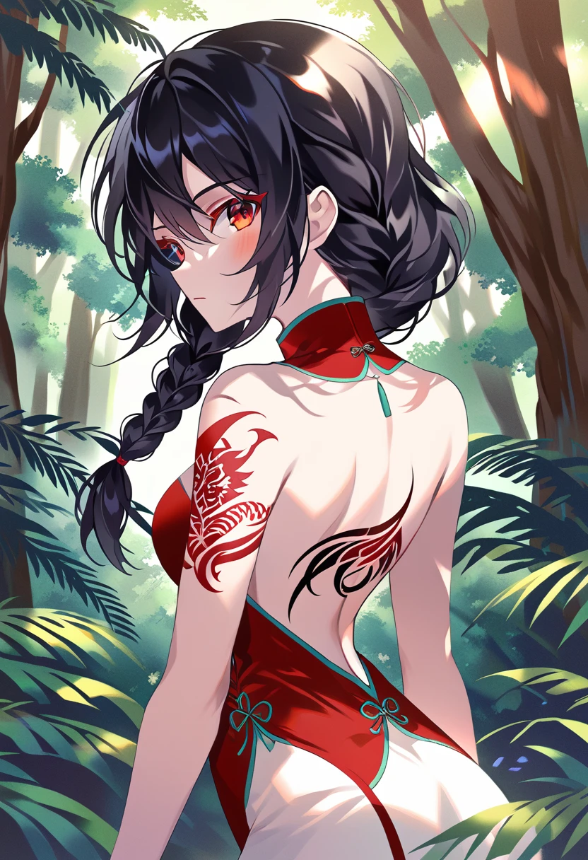 BREAK Perfect Anatomy、(High resolution:1.2)、Incredible illustrations、(Cute illustrations:1.2)、() （Beautiful background(forest)) 1 girl(Black hair, long hair, single braid, red eyes,tattoos, )(young adult woman:2.0)jungkook cheongsam dress