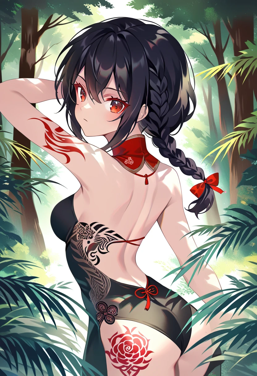 BREAK Perfect Anatomy、(High resolution:1.2)、Incredible illustrations、(Cute illustrations:1.2)、() （Beautiful background(forest)) 1 girl(Black hair, long hair, single braid, red eyes,tattoos, )(young adult woman:2.0)jungkook cheongsam dress