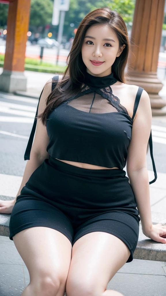 Height 1.85 meters,Smiling fat woman ,Oval face, 大Long legs, Wearing a black turtleneck lace shirt and shorts, Thin waist and thick hips, Hip width, Soft curves, hyperPractical full figure, Wearing a cute top, Long legs,,thickness, Beautiful plump woman, A woman with beautiful curves*****Target,Clear curve details, Curvy hourglass figure, Charming plus size models, bbw酱, full image, Surface Model, Curvy body, (full-body shot)blush, 1girll fat , Golden Ratio,(White and tender skin:),High quality background, HD, Practical, HDR. pedestrian mall,Skin as white as paper,High heel,Sit on a slate,Flowers