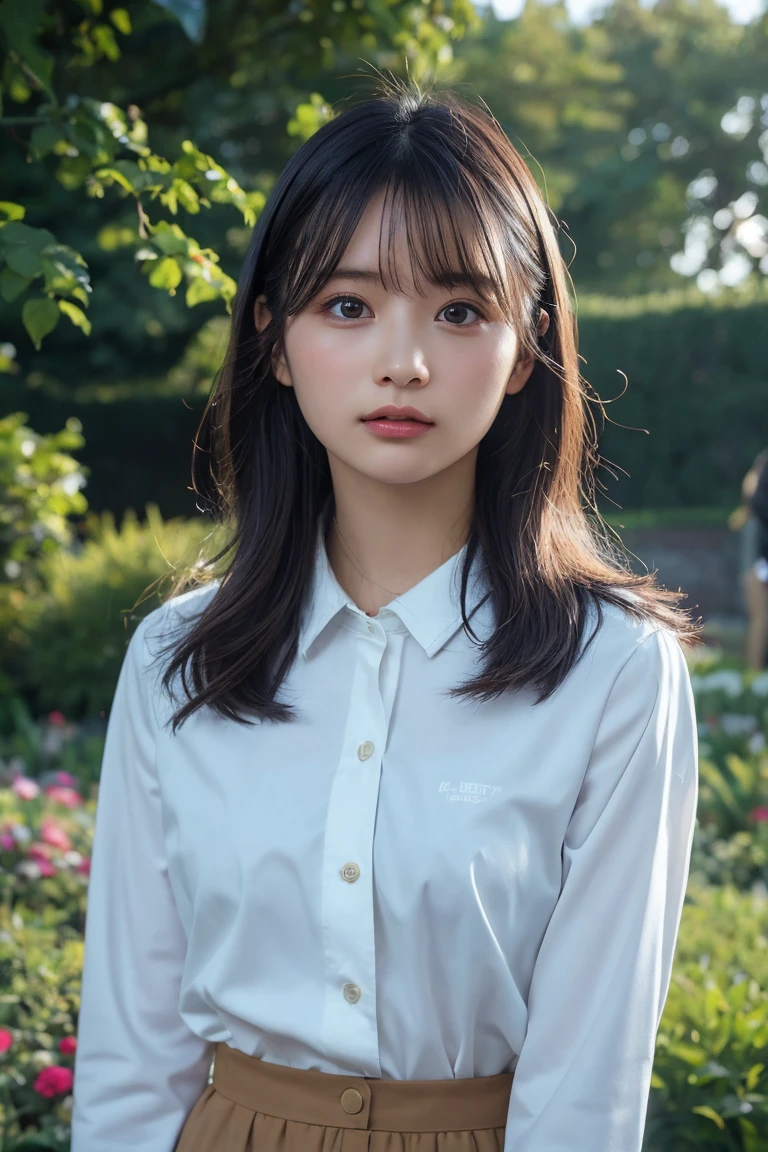 Tabletop, Very detailed, Highest quality, RAW Photos, (Realistic:1.1), Crazy Details, A girl comes, beautiful, cute, Long sleeve shirt, boring, Medium Hair, Smooth, How much does the tip of your hair flutter in the wind??, (Brown eyes), Pale skin, from the front, Soft Light, Depth of written boundary ,garden, crowd