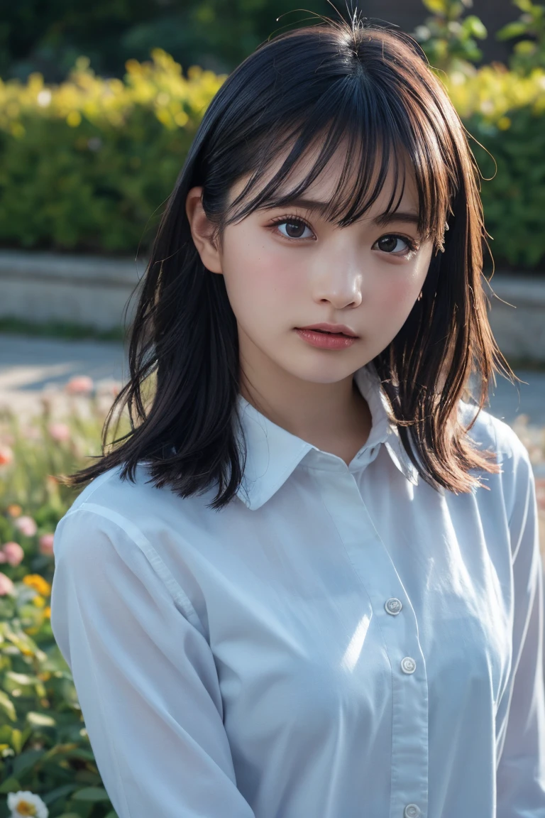 Tabletop, Very detailed, Highest quality, RAW Photos, (Realistic:1.1), Crazy Details, A girl comes, beautiful, cute, Long sleeve shirt, boring, Medium Hair, Smooth, How much does the tip of your hair flutter in the wind??, (Brown eyes), Pale skin, from the front, Soft Light, Depth of written boundary ,garden, crowd