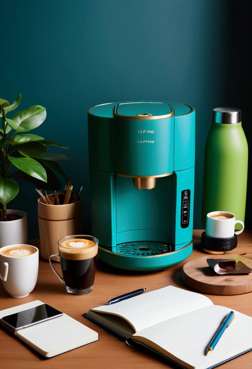 Cultural and creative design,Taiping Life Insurance Company,Coffee machine,Grinder,notebook,pen,Backpack,blue,green,Minimalism现代设计,Technology,Simplicity,Minimalism,