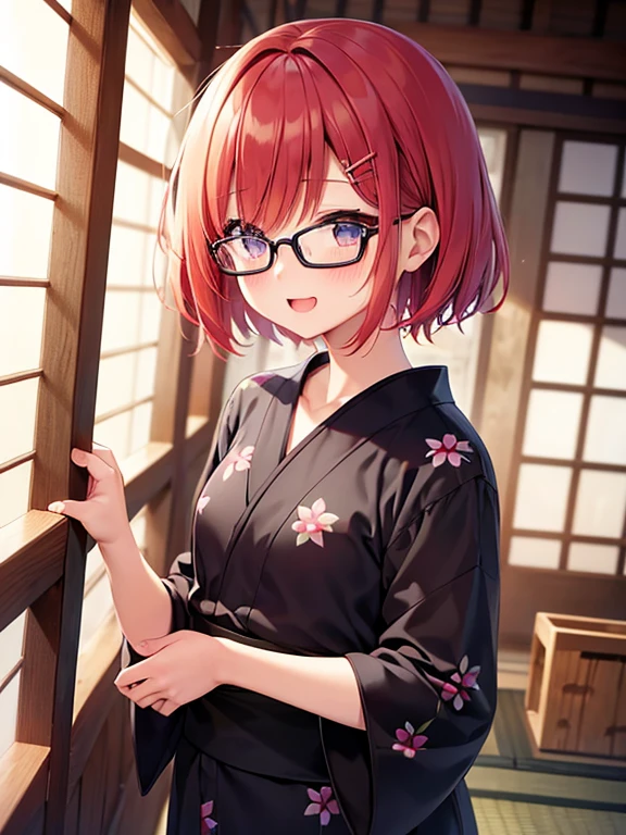 cute、Redhead、short hair、Japanese、Staring at this、Fleeting、masterpiece、Vivid、Black yukata、Laughter、kind、turn around,summer,hair ornaments,Glasses