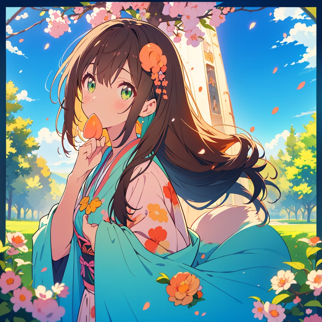 kawaii, anime, Cute, hyper quality, highly detailed, 8k, Clarity, dark brown long hair, green eyes, Stinking eyes, peek out one's face, leaning forward, upper body, Draw facial expressions in detail, upward glance, stare at me, bite a peach, peach tree, heaven, Celestial maiden's robe, eat a peach with your mouth open, big peach tree, blue sky, a rainbow appears,