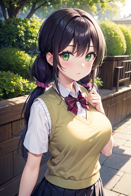 nozomitoujou, nozomi toujou, (green eyes:1.5), purple hair, twintails, low twintails, scrunchie, long hair, (large breast:1.2),
BREAK otonokizaka , pleated skirt, , short sleeves, skirt, summer uniform, sweater vest, yellow sweater vest,
BREAK looking at viewer,
BREAK outdoors, shrine,
BREAK (masterpiece:1.2), best quality, high resolution, unity 8k wallpaper, (illustration:0.8), (beautiful detailed eyes:1.6), extremely detailed face, perfect lighting, extremely detailed CG, (perfect hands, perfect anatomy),