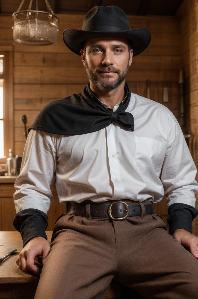 a man, 39 years old, with a beautiful angelic face, short beard, wearing a gaucho hat, dressed in a luxurious black cape, long sleeves, white shirt and brown bombachas, behind him a black horse with an open front, he looks proud as he sits at a table with veterinary tools, serious and charming face
