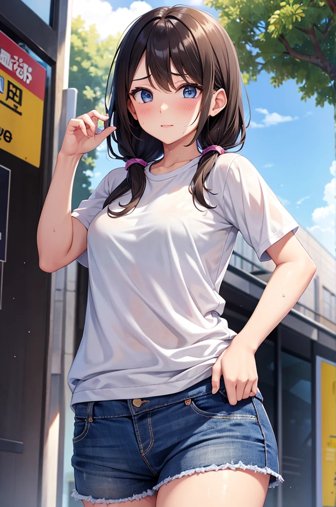 girl Sweat It's hot summer Looking down Top View Landscape Small breasts Diagonally upward Standing pose Overlooking Sweatだく