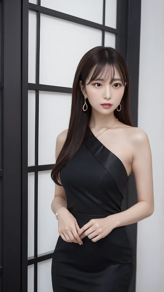 A highly realistic, 8K photo of a beautiful woman named Miho, 38 years old but looks like she is in her late 20s. She has shoulder-length, shiny black hair styled in a straight, semi-long cut with side-swept bangs. She is wearing an elegant dark blue dress that highlights her slim, curvaceous figure with a cinched waist and long legs. She accessorizes with simple yet tasteful jewelry. Miho has a confident and warm demeanor, fitting her mature, yet youthful appearance. She is depicted in a welcoming and elegant manner, standing in a refined indoor setting with natural lighting and soft background elements.