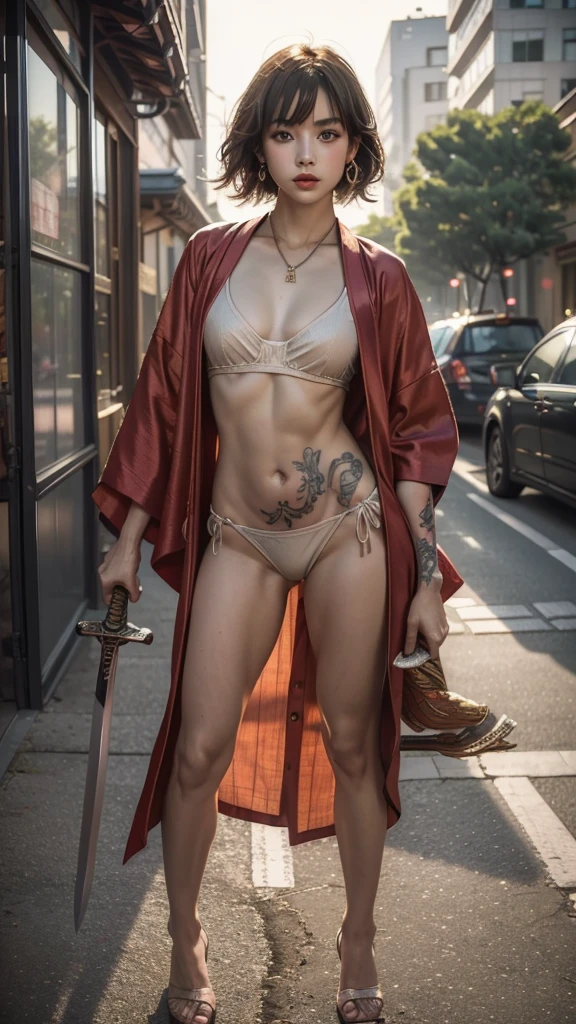 Beautiful Thai-Melanesian woman, (), pretty face, red lips,
BREAK,
Athletic feminine body, Female fitness model body, Hard toned feminine body, (muscles: 1.2), (beautiful navel),
BREAK,
Mixed martial arts, Kung fu fighter, Japanese idol,
BREAK,
(wearing cute kimono: 1.3), Red high heels, necklace, earrings, short length,
BREAK,
Short hair, (Bob hair), (Bangs: 1.2), (Rainbow hair), (Wavy hair),
BREAK,
(Holding a very large sword in hand, Holding a sword handle in hand, Standing with a very large sword, Raising a very large sword: 1.4), (Samurai in a fighting stance),
BREAK,
(Large tattoos all over body, Japanese tattoos on 80% of the body: 1.4),
BREAK,
Masterpiece, Perfect lighting, Ultra high resolution, 8K, (Highly detailed: 1.4), From the front, looking at the camera, melancholy expression,
BREAK,
(Tokyo city, many people in the background), Tokyo city background,