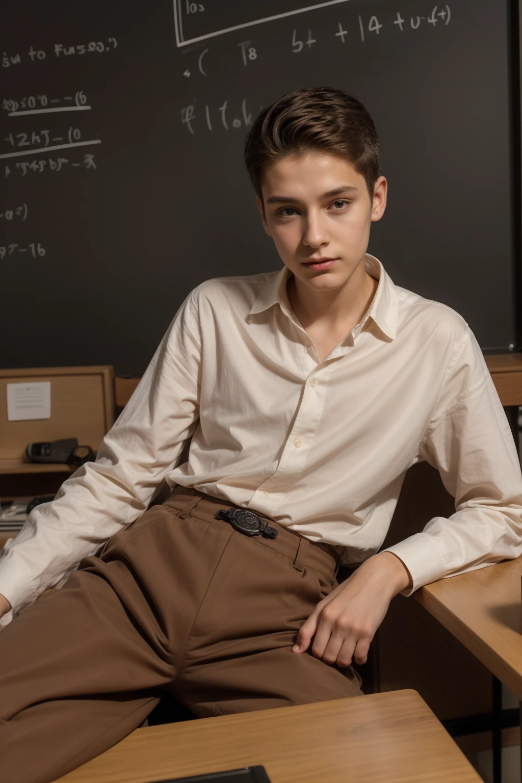 A young male twink, 18 years old, with a cute angel face, with makeup and black hair, wearing a luxurious, long-sleeved, white shirt and brown medieval pants. Behind him is a blackboard with a huge mathematics problem written on it, and he looks proudly as he sits at a desk with medical tools on it, and he has a face. Innocent