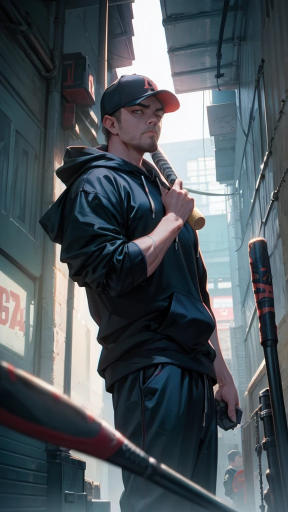 Holding a baseball bat, Alley, Condescending Gaze, builtupnecklinehoodie, look down, Glare, baseball bat, swing a baseball bat, cinematic lighting, UHD, best quality, highres, 8k