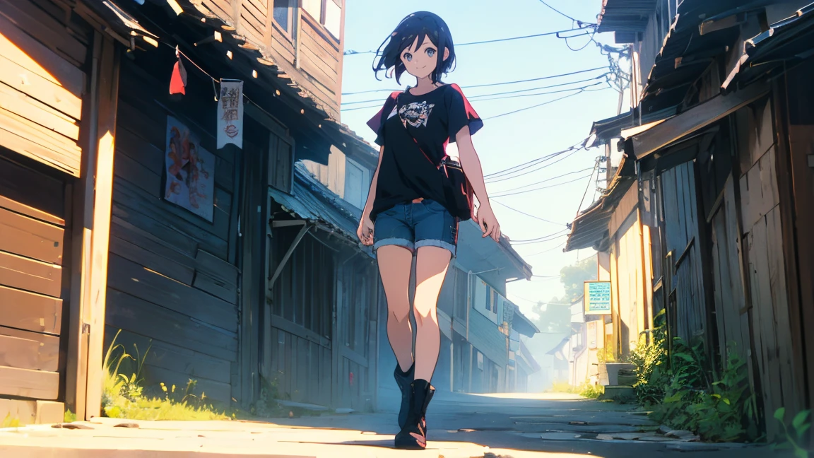 (Highest quality、masterpiece、High resolution、detailed)、(Shining Eyes、detailed美しい顔)、1 Girl、(T-Shirts,Shorts),smile,short boots,outskirts、Slope background、Beautiful Anime