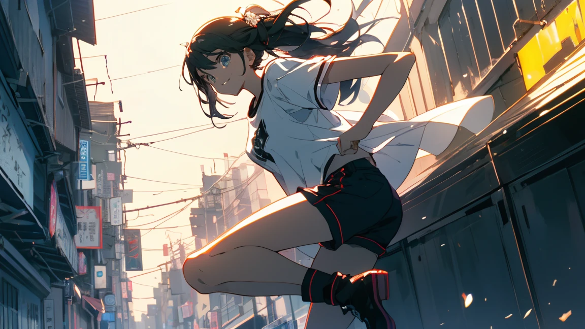 (Highest quality、masterpiece、High resolution、detailed)、(Shining Eyes、detailed美しい顔)、1 Girl、(T-Shirts,Shorts),smile,short boots,outskirts、Slope background、Beautiful Anime