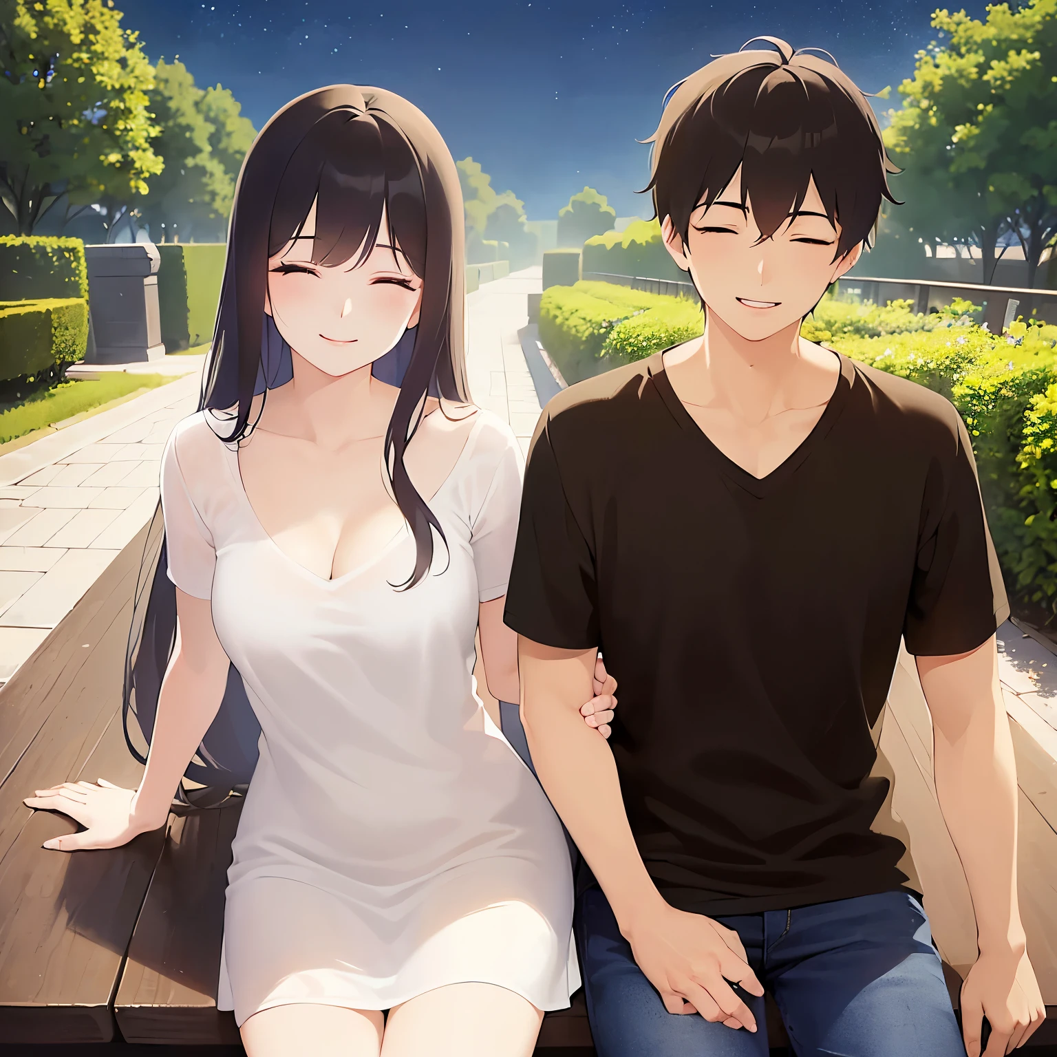 A couple laughing with their eyes closed、（Night Sky：1.5）、grass、（Night Park：1.5）、
 Realistic, real person, (pale skin: 1.2), RAW photo, photorealistic, shiny skin, shiny hair、
BREAK(A 25-year-old woman with medium-length hair and bangs) and (wavy hair) and (brown hair) and(white) and (T-shirt) and (V neck) and cleavage and(smile with closed eyes)BREAK,
BREAK(30-year-old male:1.5) and (Black short hair)and(black) and (T-Shirts)and(smile with closed eyes)BREAK
