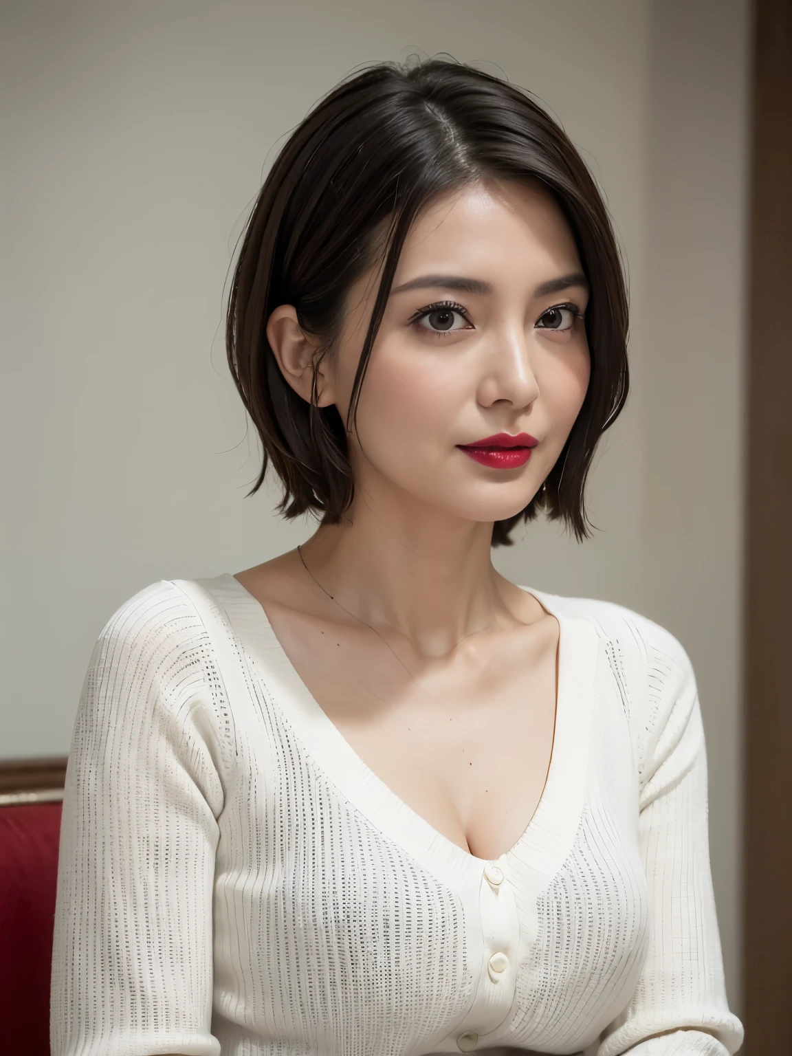 Tabletop, Highest quality, Realistic, Very detailed, finely, High resolution, 8k wallpaper, RAW Photos, Professional, High level of detail, 1 girl, (((Black and white photography))), (((Red lips))), (((Looking into the camera))), (((Facing forward))), Upper Body, short hair, Bob Hair, (Straight hair), Shapely breasts, Cleavage, V-neck see-through knit sweater