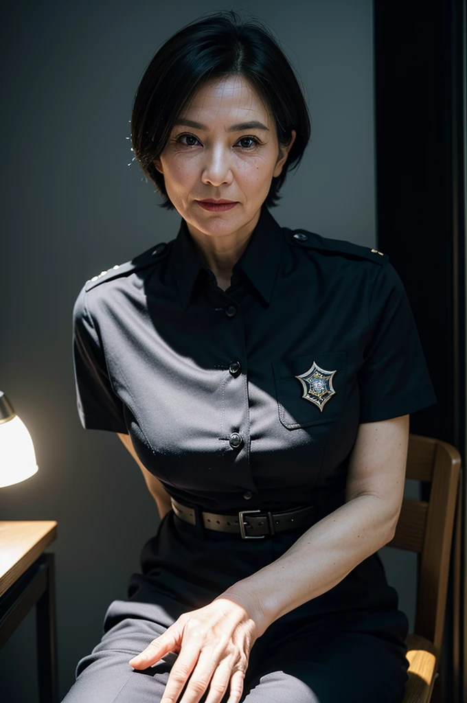 (((bug's eye view : 1.1))), (masterpiece:1.4),(62-year-old woman:1.5),(facial wrinkles :1.1), (((looking down at viewer : 1.3))), short hair, (smirking), sly smile, Mature Woman, (police uniform : 1.3), (short-sleeve-light-blue-shirt, long black pants, breast pocket, black-belt, police badge), sitting on a chair, Interrogation room, pores, dull skin, realistic detailed skin, dark lighting, cinematic lighting, (focus on her full-body)