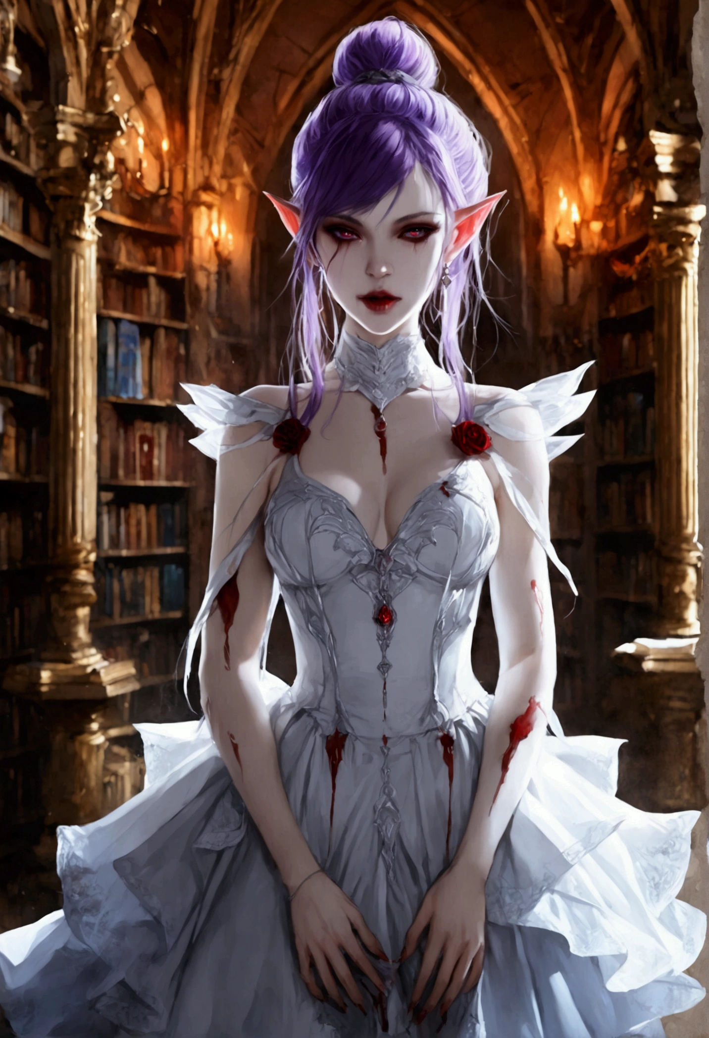 arafed a picture of elf vampire in her castle. an exquisite beautiful female elf vampire (ultra details, Masterpiece, best quality), full body, ((anatomically correct: 1.5) bloody mouth, purple hair, pale skin, hair in a ponytail, long hair, blue eyes, (small pointed ears: 1.2), cold eyes, smirking, wearing white dress (ultra details, Masterpiece, best quality), red cloak, wearing high heels, in dark fantasy library, book shelves, vibrant, Ultra-high resolution, High Contrast, (masterpiece:1.5), highest quality, Best aesthetics), best details, best quality, highres, ultra wide angle, 16k, [ultra detailed], masterpiece, best quality, (extremely detailed) RAW, dark fantasy art, gothic art, wearing Haute_Couture designer dress, Dark Novel, Dark Art Painting Style, dripping blood, hud_s1n, short black dress, long sleeves, veil, thighhighs, digital painting