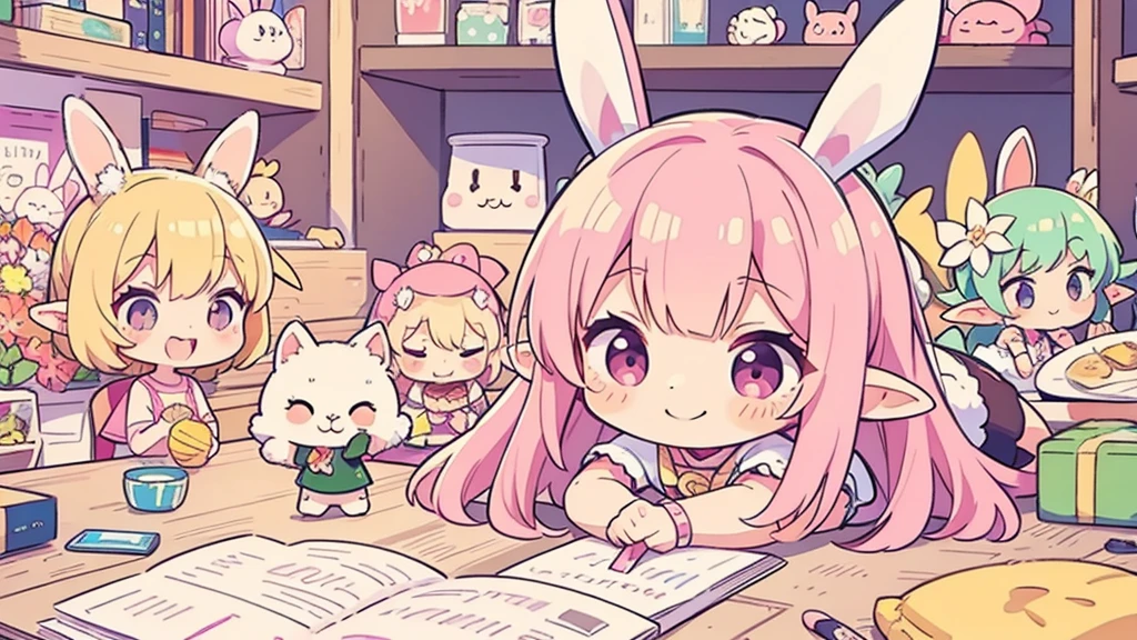 Bunny ears、Chibi Girl Elf、Pink pop room、 smile