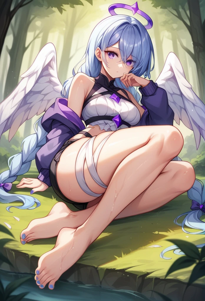 masterpeace, best quality, highres, 1girl, (purple eye:1.5), light blue hair, hair between eyes, long hair,  break asymmetrical clothes, barefoot, angel, wings background, black thighs, mini shorts, thighs, break looking at viewer, break outdoors, (forest_background:1.3), break (masterpiece:1.2), best quality, high resolution, unity 8k wallpaper, (illustration:0.8), (beautiful and delicate eye:1.6), very detailed face, perfect lighting, Highly detailed CG, (perfect hands, complete anatomy), (sexy:1.2), (cute_chest), alone, left eye covering by hair, hair covering left eye, one eye, LEFT EYE hidden by hair, twin braids, feet, shiny feet, curvy legs, shiny hair, shiny eye, wet skin, ribbon on leg, bang on left eye, bang covering one eye, blue nail feet