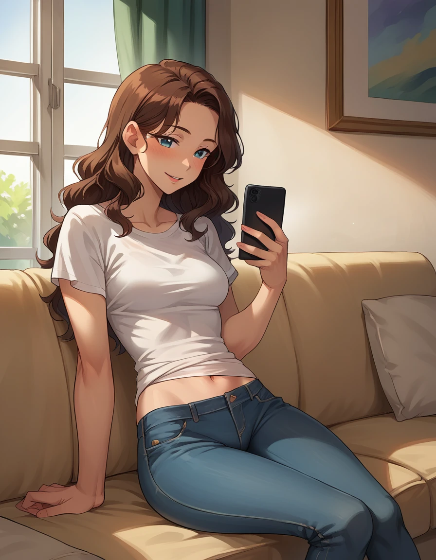 score_9, score_8_up, score_7_up, score_6_up, (cowboy shot), a hetero couple, BREAK, 1boy, (30yo, playing on his phone, jeans and t-shirt, medium crotch bulge), BREAK, 1girl, (30yo, female, slender slutty girl, brunette, wavy hair, cute and mature, tight jeans and white blouse, medium breasts), BREAK, (sitting side-by-side on the couch, she is rubbing the crotch of his pants:1.4).