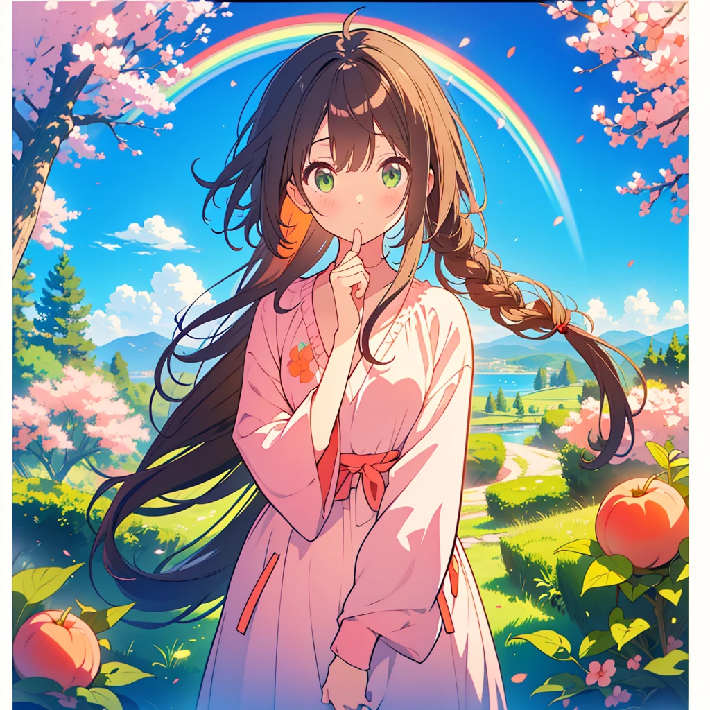 kawaii, anime, Cute, hyper quality, highly detailed, 8k, Clarity, dark brown long hair, green eyes, Stinking eyes, peek out one's face, leaning forward, upper body, Draw facial expressions in detail, upward glance, stare at me, bite a peach, peach tree, heaven, Celestial maiden's robe, eat a peach with your mouth open, big peach tree, blue sky, a rainbow appears, 	