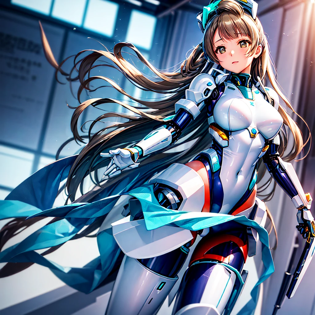 masterpiece, high quality, During the mechanized modification operation、Minami Kotori, who has been turned into a mechanical body cyborg、Gynoid cyborg body modification surgery、Blue and white leotard armor、The whole body from the neck down is precision-machined.、Single image、from the front,Put the whole body