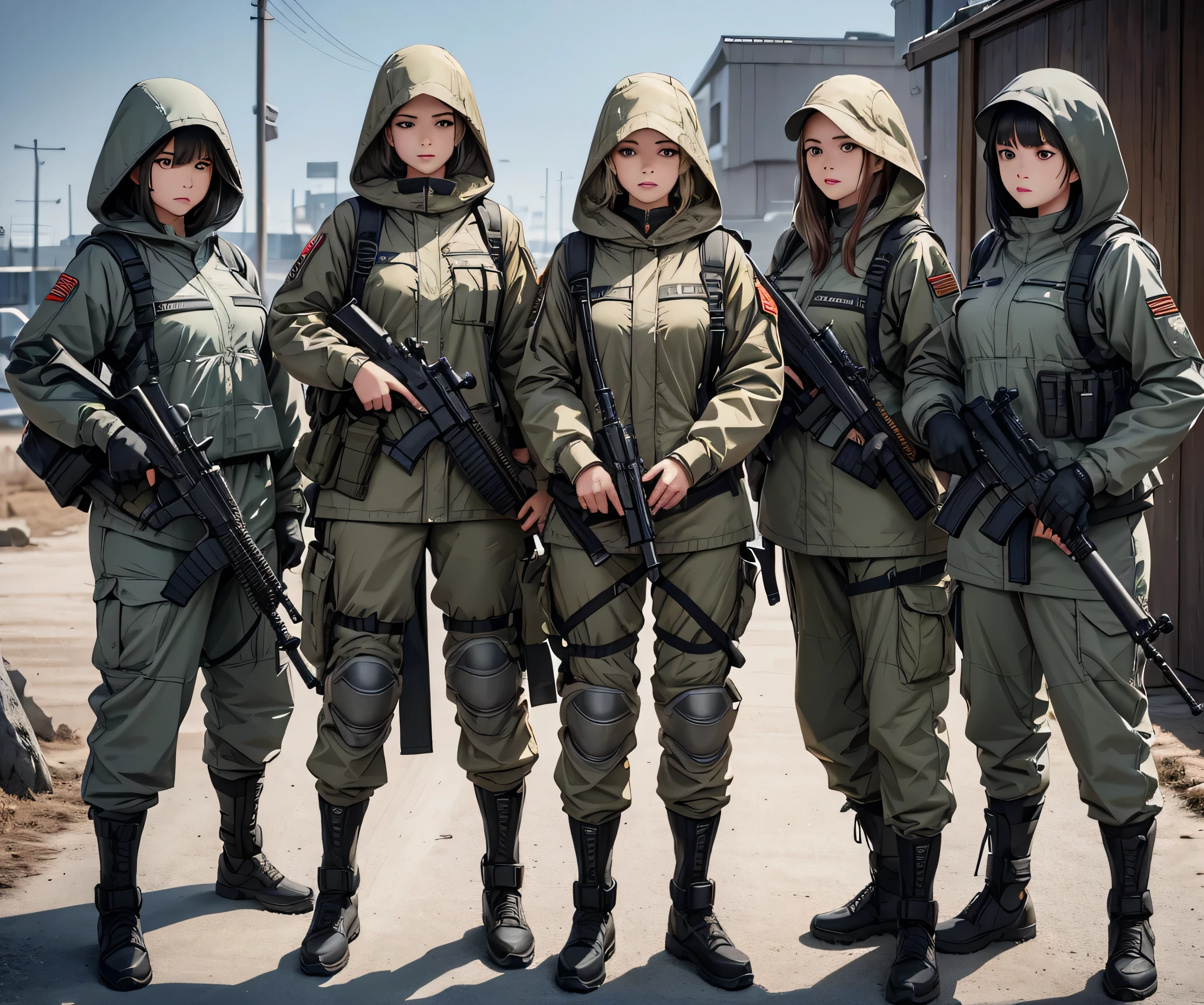 A group of female soldiers holding guns in the same pose，All wear light grey M-51 hooded military uniforms、Hooded on head、Individual equipment set、Military Pants、Knee pads，Write details、masterpiece、best quality、Highly detailed CG、8K picture quality