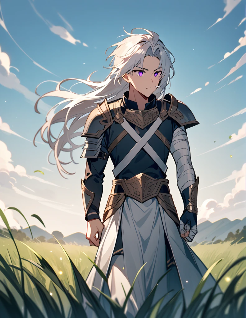 Greek boy with shoulder-length long white hair, violet eyes, one arm covered in bandages, silver shoulder pads and walking in a grass field
