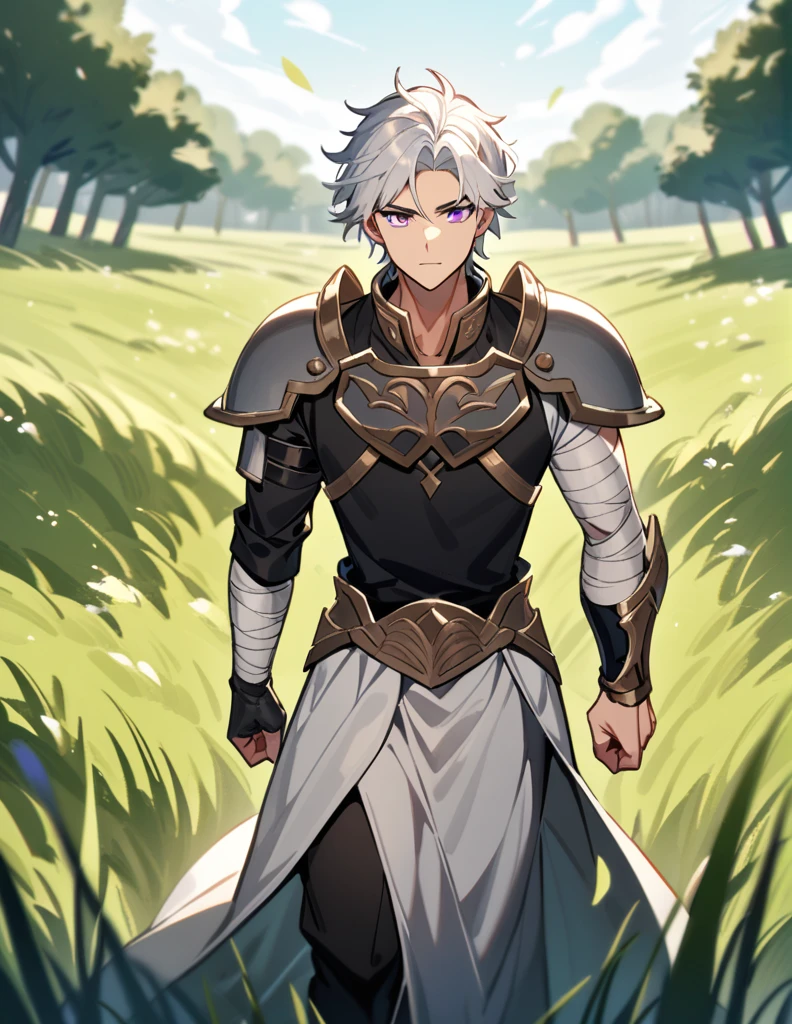 Greek boy with shoulder-length long white hair, violet eyes, one arm covered in bandages, silver shoulder pads and walking in a grass field