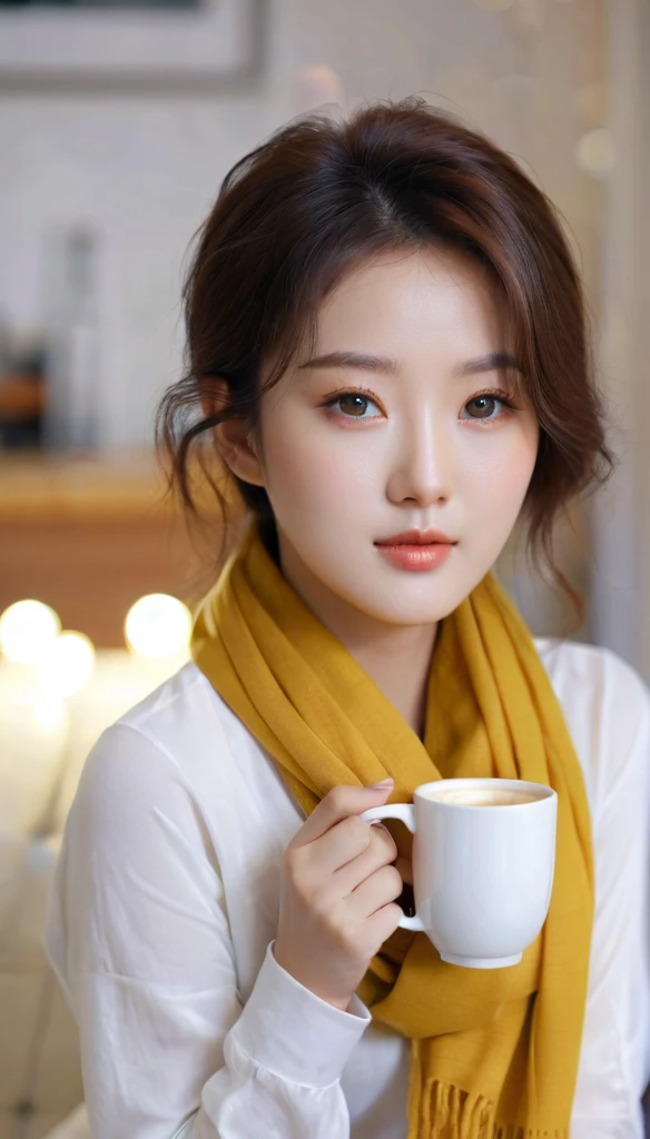 close-up of beautiful korean female, wearing whitet-shirt , yellow scarf, sitting on sofa, holding coffee mug, bokeh background, UHD
