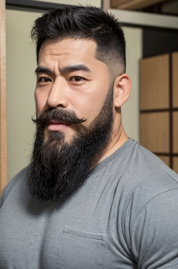 Photorealistic、Japanese、middle aged、Weightlifter body type、Thick、Single eyelid、Six-headed、Soft impression、50etabolic、Short moustache and beard、Short shaved head、Near-square face shape