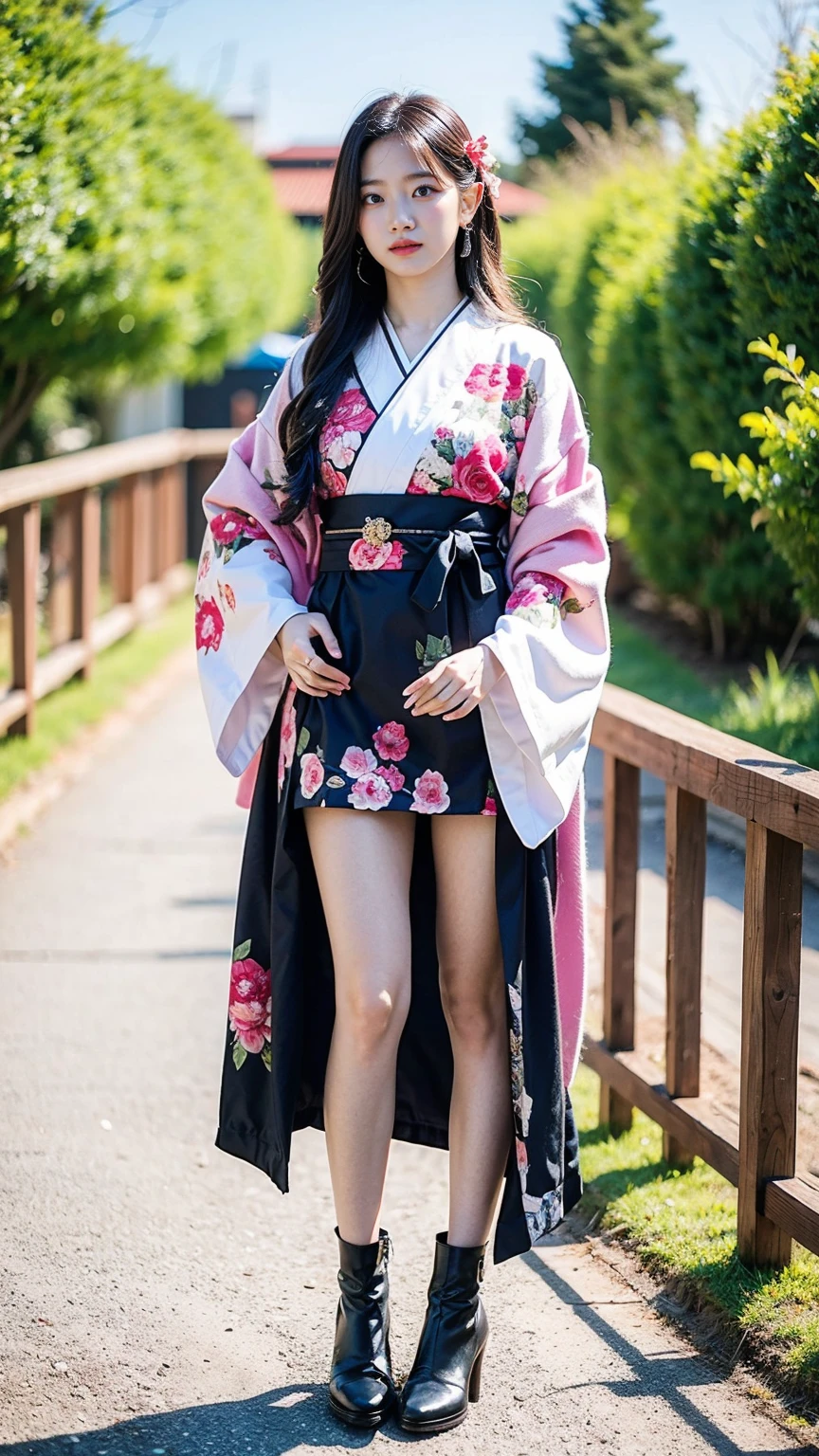 (8k、RAW Photos、Highest quality、masterpiece:1.2)、(Highest quality、Realistic)、1 Girl、((Pink black and white kimono、Japanese style、mini skirt、Floral、band、Idol Costume、ribbon、See-through、Thin legs、whole body、boots、garden、View from the front、Looking into the camera、Stand with hands on hips))、cute