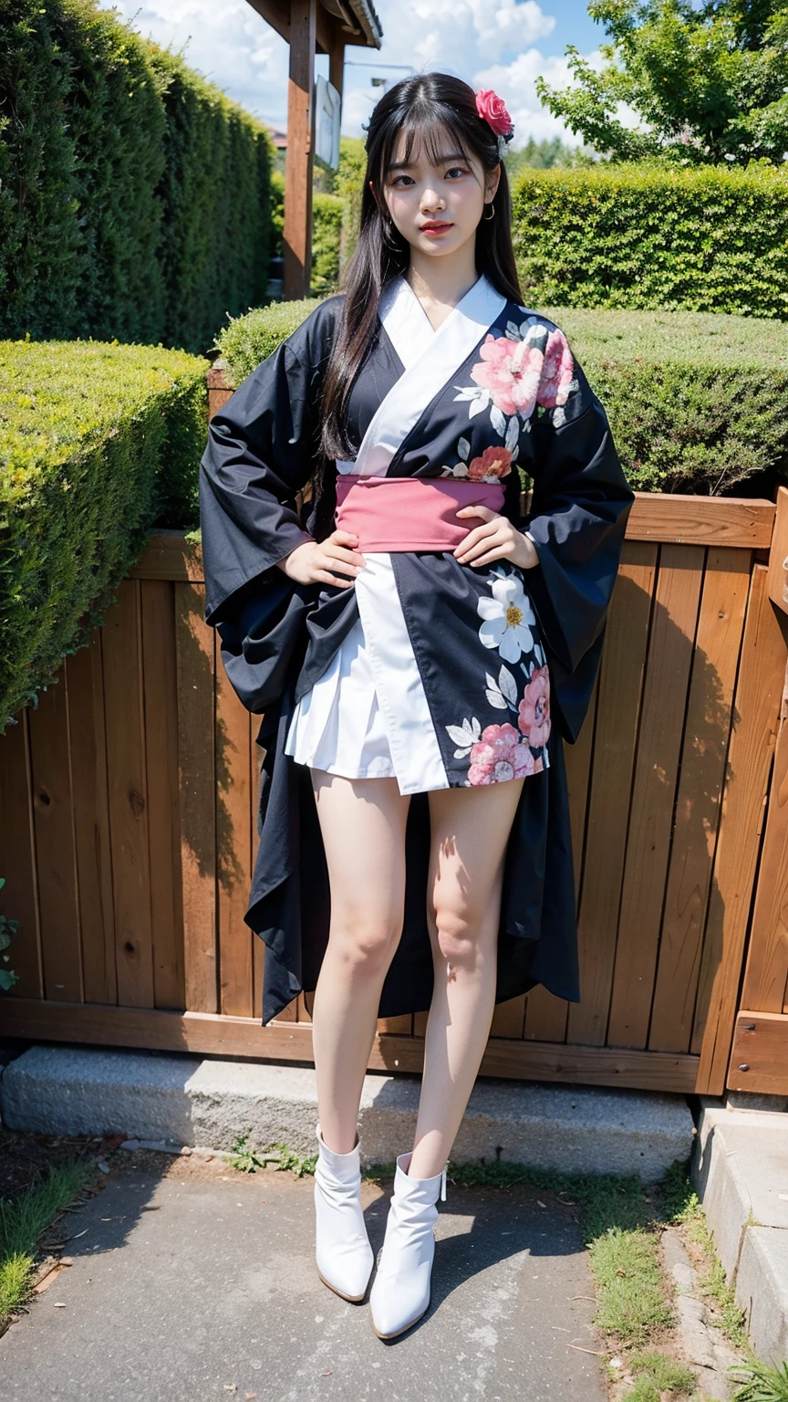 (8k、RAW Photos、Highest quality、masterpiece:1.2)、(Highest quality、Realistic)、1 Girl、((Pink black and white kimono、Japanese style、mini skirt、Floral、band、Idol Costume、ribbon、See-through、Thin legs、whole body、boots、garden、View from the front、Looking into the camera、Stand with hands on hips))、cute