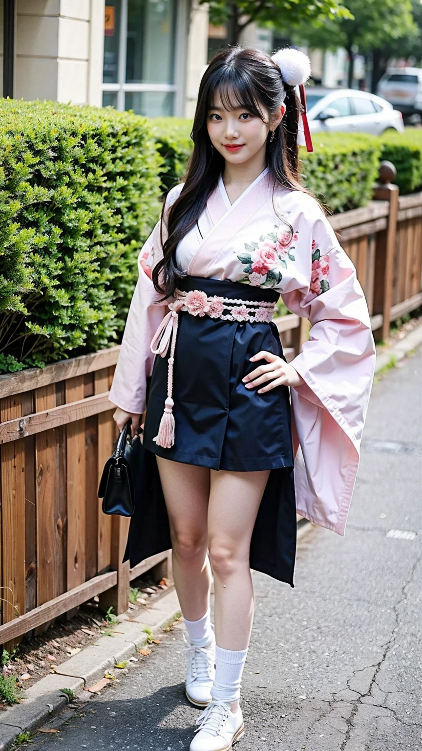 (8k、RAW Photos、Highest quality、masterpiece:1.2)、(Highest quality、Realistic)、1 Girl、((Pink black and white kimono、Japanese style、mini skirt、Floral、band、Idol Costume、ribbon、See-through、Thin legs、whole body、boots、garden、View from the front、Looking into the camera、Stand with hands on hips))、cute