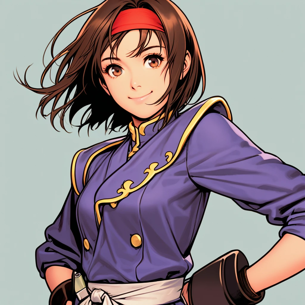 One girl,一人in,White dagi,Brown Hair,gloines,Red headband,fingerless gloines,Brown eyes,in,smile,short hair,Hands on hips,Single Blade,looking at iniewer,
