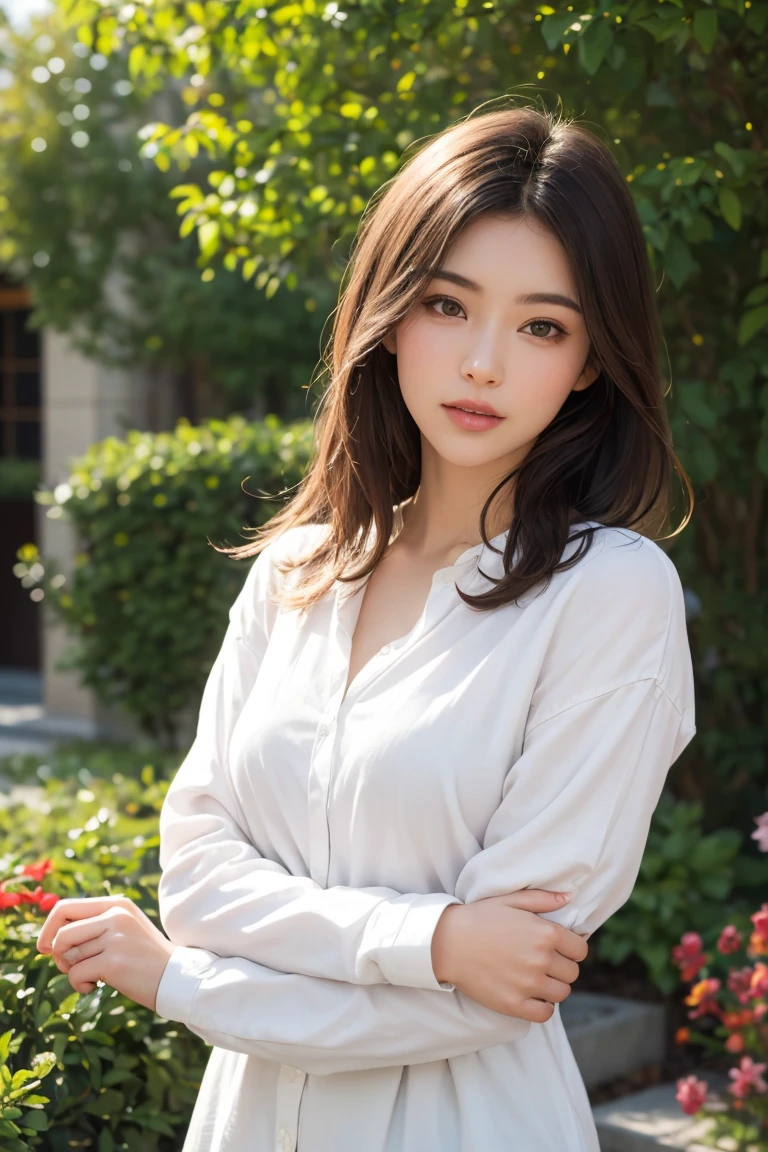 Tabletop, Very detailed, Highest quality, RAW Photos, (Realistic:1.1), Crazy Details, A girl comes, beautiful, cute, Long sleeve shirt, boring, Medium Hair, Smooth, How much does the tip of your hair flutter in the wind??, (Brown eyes), Pale skin, from the front, Soft Light, Depth of written boundary ,garden, crowd, soft smile