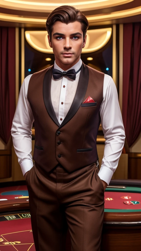 (best quality, 4K, masterpiece :1.3), masculin man, 1 men, dark brown hair: 1.1, Full Body ( Super detailed face, Detailed lips, delicate eyes, double eyelids, Wearing casino uniform
