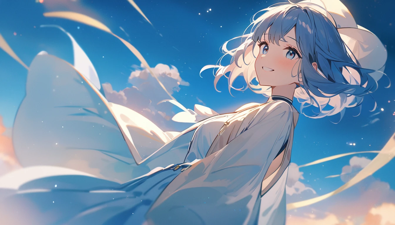 masterpiece, Highest quality, Movie stills, 1 Girl, Cloud Girl,Two Girls , Floating in the sky, close, bright, smile, Warm and soft lighting, blue sky, (spark:0.7)