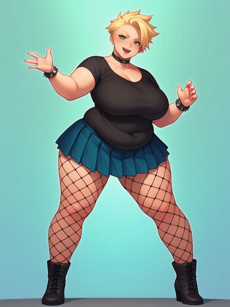 Score_9, score_8_up, score_7_up, source_anime, 1girl, solo, bbw, on stage, pale, mature female, choker, spiky bracelet, milf, ((wearing a black color t-shirt with a picture of a skull on it)), green eyes, blonde hair, (((wearing a mini red color pleated skirt))), wearing high spiky boots, wearing fishnet leggings, standing, full body,