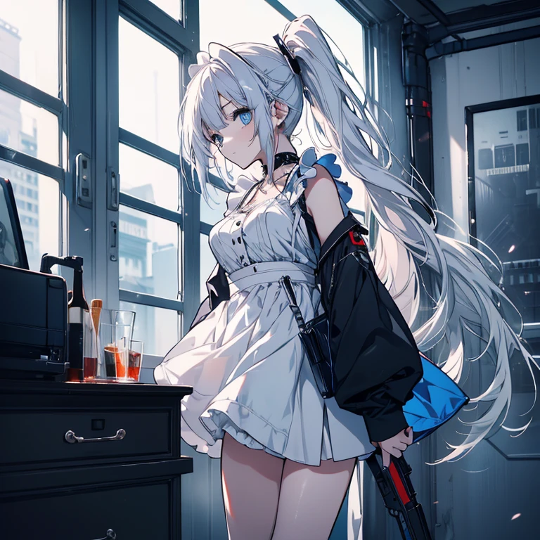 1 girl、Mature、Ample breasts、Long Hair、Blue Eyes、White Hair、Look to the side、ponytail、ハイponytail、Maid clothes、cyber punk、Near future、Miniskirt、Holding a rifle、Pointed handbag、Cinema Lighting、Like a jewel、choker、High resolution、Highest quality