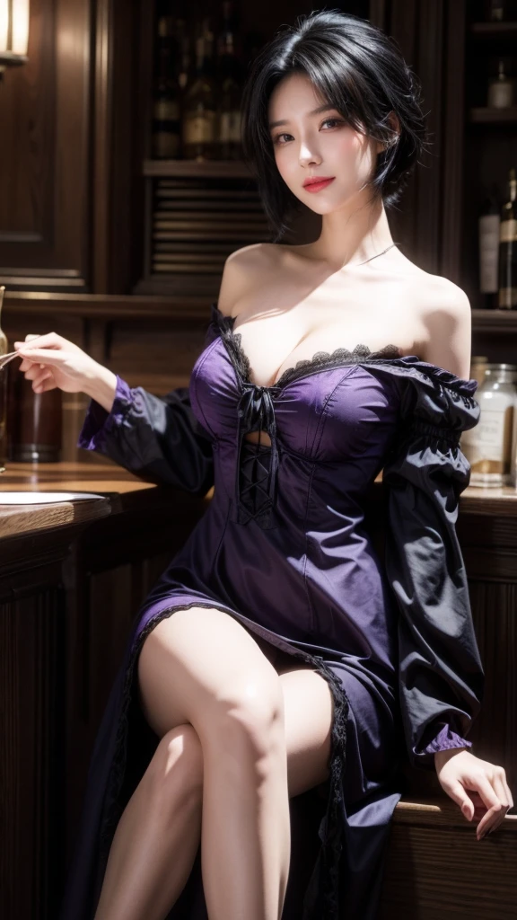 Beautiful Witch woman, with short black hair, Purple eyes, big bust, dressed witch clothes, sitting in a tavern smiling, Realistic, Full HD, Best Quality