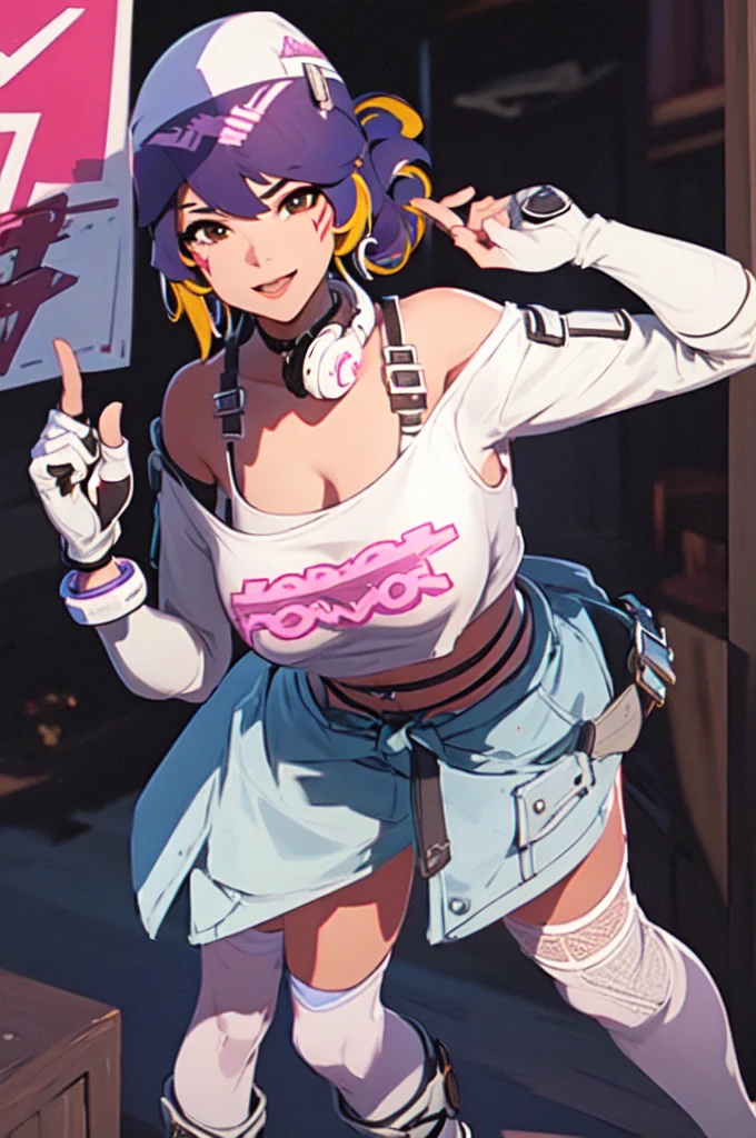 ((masterpiece, best quality)), 1girl, solo, Kiriko LeSserafim, upper body, short hair, brown eyes, multicolored hair, blue hair, yellow highlights, bangs, pink headwear, hair between eyes, (white off-shoulder shirt:1.5), ((gloves:1.5)), pointing to her face, fingerless gloves, hoop earrings, (white shirt:1.5), headphones around neck, thighhigh, white gloves, lace-up boots, boots, gloves, jacket around waist, thighhighs, breasts, headphones, standing, jewelry, bracelet, midriff, white crop top, cross-laced footwear single kneehigh, smile, earrings, jewelry, hat, looking at viewer, makeup, facepaint, facial mark, detached sleeves, lips, indoors, japanese house, hands on her face, portrait,  