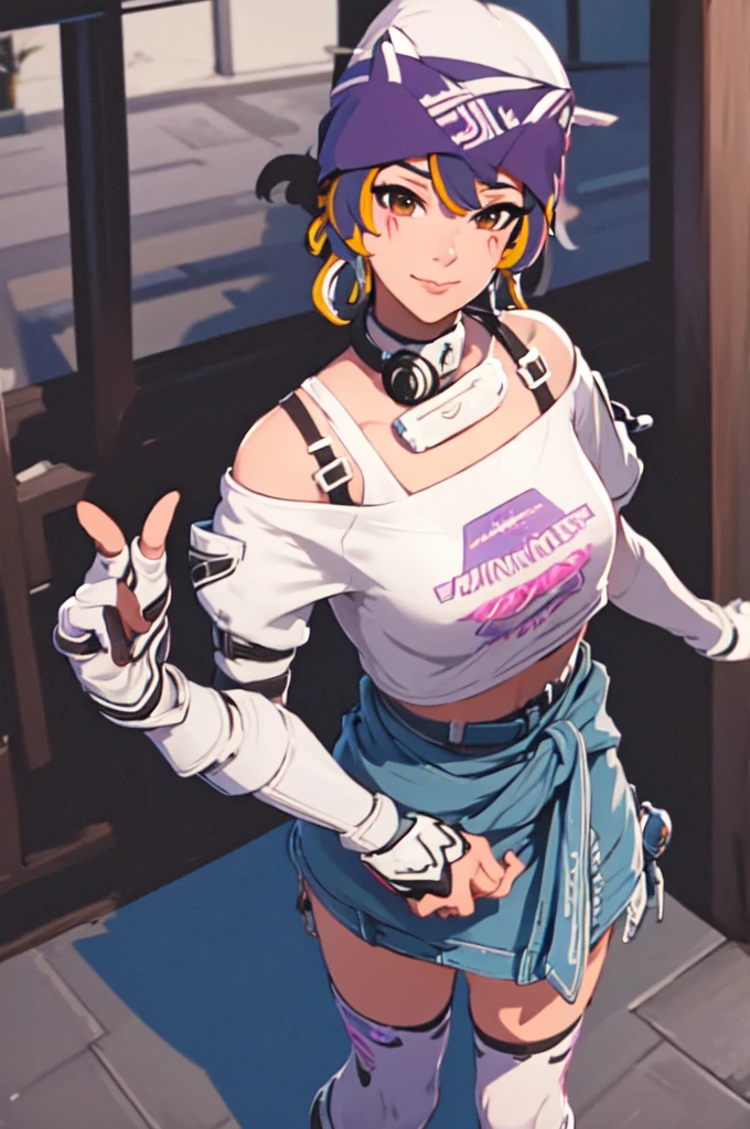 (((Glowing neon eyes))), ((masterpiece, best quality)), 1girl, solo, Kiriko LeSserafim, upper body, short hair, brown eyes, multicolored hair, blue hair, yellow highlights, bangs, pink headwear, hair between eyes, (white off-shoulder shirt:1.5), ((gloves:1.5)), pointing to her face, fingerless gloves, hoop earrings, (white shirt:1.5), headphones around neck, thighhigh, white gloves, lace-up boots, boots, gloves, jacket around waist, thighhighs, breasts, headphones, standing, jewelry, bracelet, midriff, white crop top, cross-laced footwear single kneehigh, smile, earrings, jewelry, hat, looking at viewer, makeup, facepaint, facial mark, detached sleeves, lips, indoors, japanese house, hands on her face, portrait,