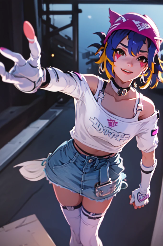 ((masterpiece, best quality)), 1girl, solo, Kiriko LeSserafim, upper body, short hair, brown eyes, multicolored hair, blue hair, yellow highlights, bangs, pink headwear, hair between eyes, (white off-shoulder shirt:1.5), ((gloves:1.5)), pointing to her face, fingerless gloves, hoop earrings, (white shirt:1.5), headphones around neck, thighhigh, white gloves, lace-up boots, boots, gloves, jacket around waist, thighhighs, breasts, headphones, standing, jewelry, bracelet, midriff, white crop top, cross-laced footwear single kneehigh, smile, earrings, jewelry, hat, looking at viewer, makeup, facepaint, facial mark, detached sleeves, lips, indoors, japanese house, hands on her face, portrait,  