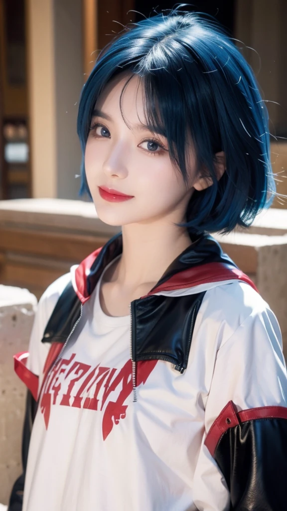 (((remilia scarlet))), (bat wings), (vampire), short hair, (((blue hair))), ((standing)), ((((face close up)))), ((jacket, taut shirt)), evil smile,,