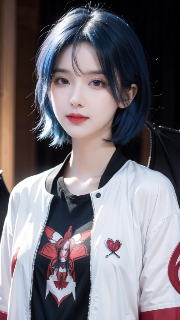 (((remilia scarlet))), (bat wings), (vampire), short hair, (((blue hair))), ((standing)), ((((face close up)))), ((jacket, taut shirt)), evil smile,,