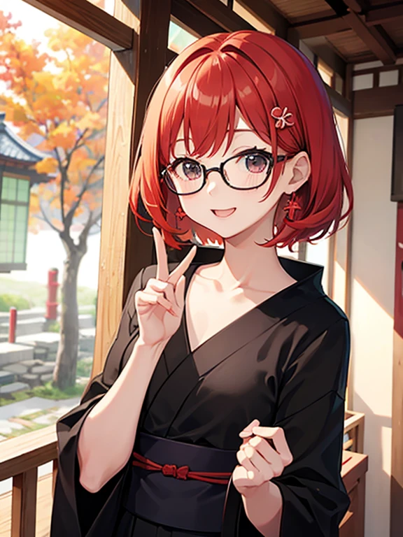 cute、Redhead、short hair、Japanese、Staring at this、Fleeting、masterpiece、Vivid、Black yukata、Laughter、kind、turn around,summer,hair ornaments,Glasses