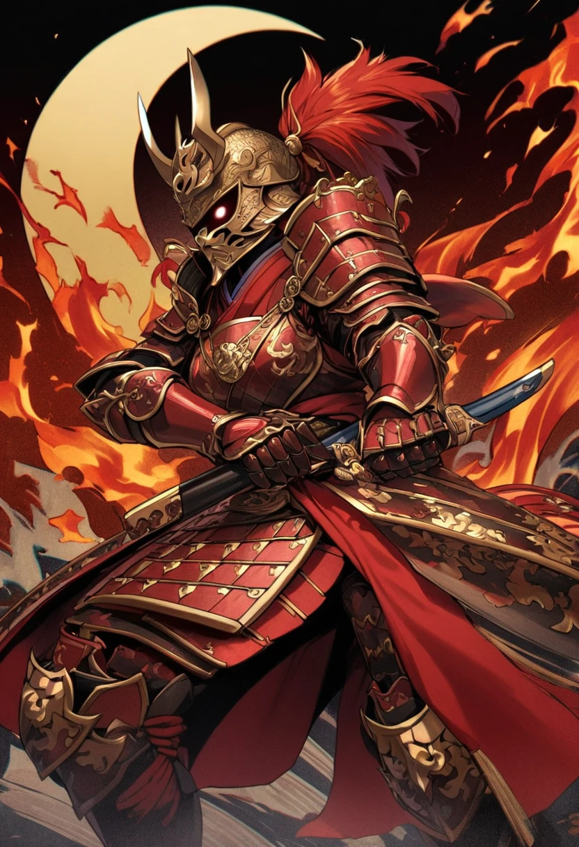 1girl, samurai \(final fantasy\), final fantasyJapanese samurai armor, mask,Breastplate,Pauldrons,Vambraces,Gauntlets,Faulds,Cuisses,Poleyns,Greaves,ornate and detailed, with layered plates and intricate lacing,Traditional kabuto helmet with crescent moon-shaped crest. Rich colors of deep red lacquer and gold accent.,holding a japanese sword,fighting stance,flame background,the moon on her baak,ready for fighting,growing eyes,edo period,masterpiece, best quality, absurdres,